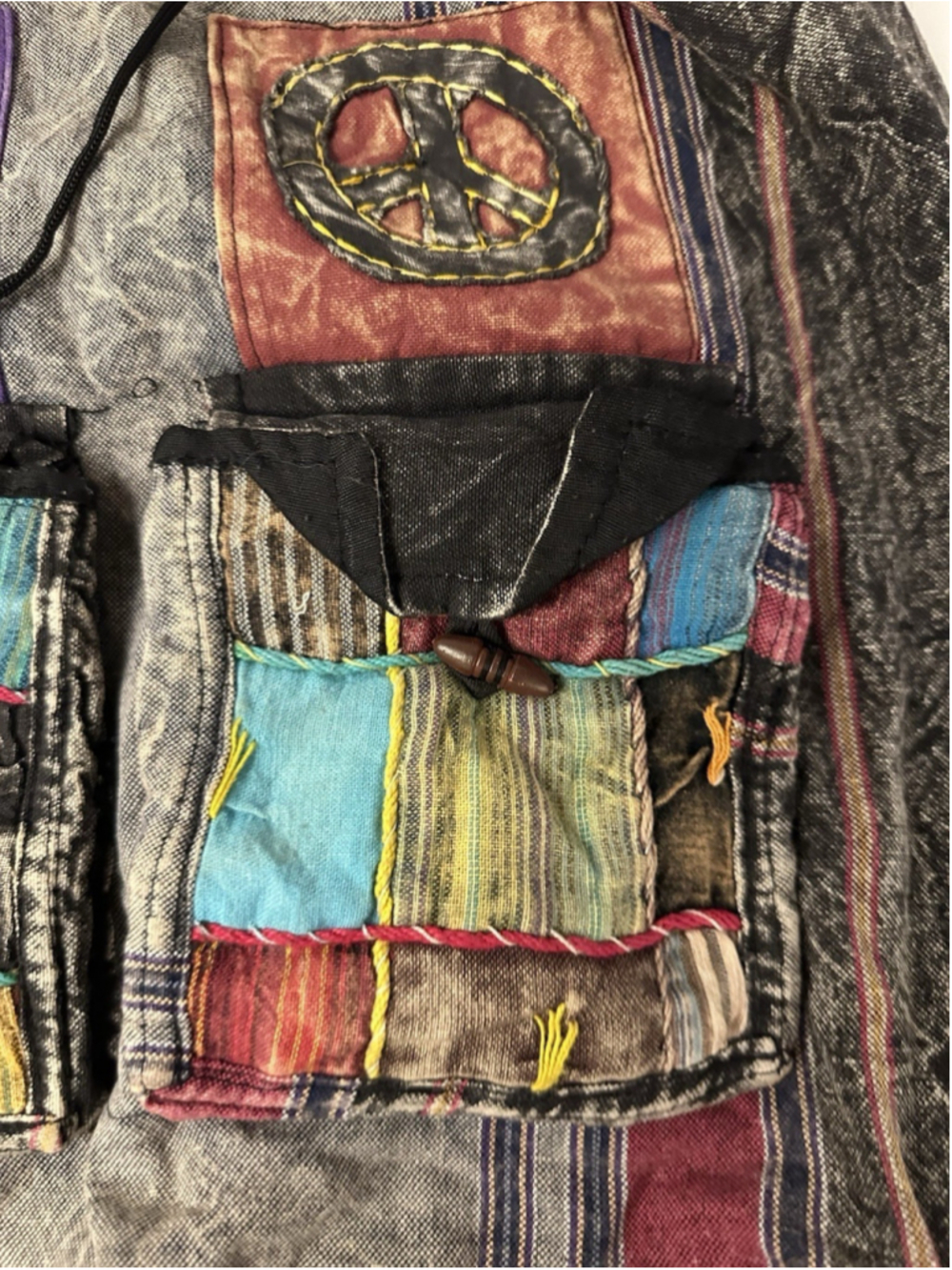 Boho Hippie Patchwork Drawstring Backpack Shoulder Bag Peace Sign Multi-Color - Picture 3 of 5